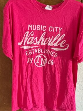 Gildan Hot Pink Nashville Music City T-Shirt with White Print